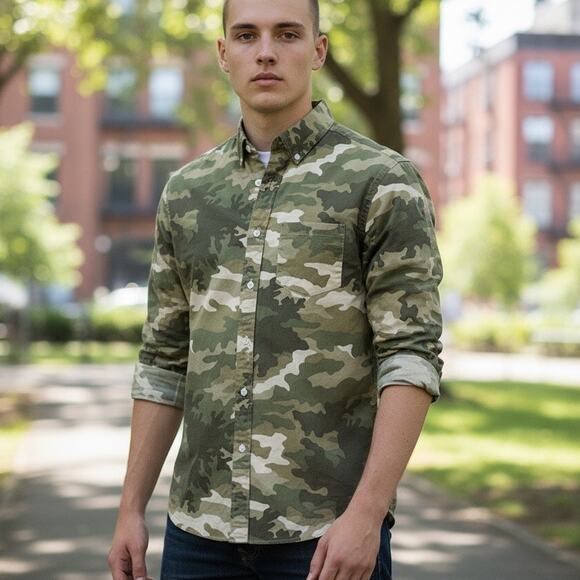 J Crew Camo button down shirt SLIM FIT FLEX green L6410 Mens SMALL 2019 - Picture 16 of 16